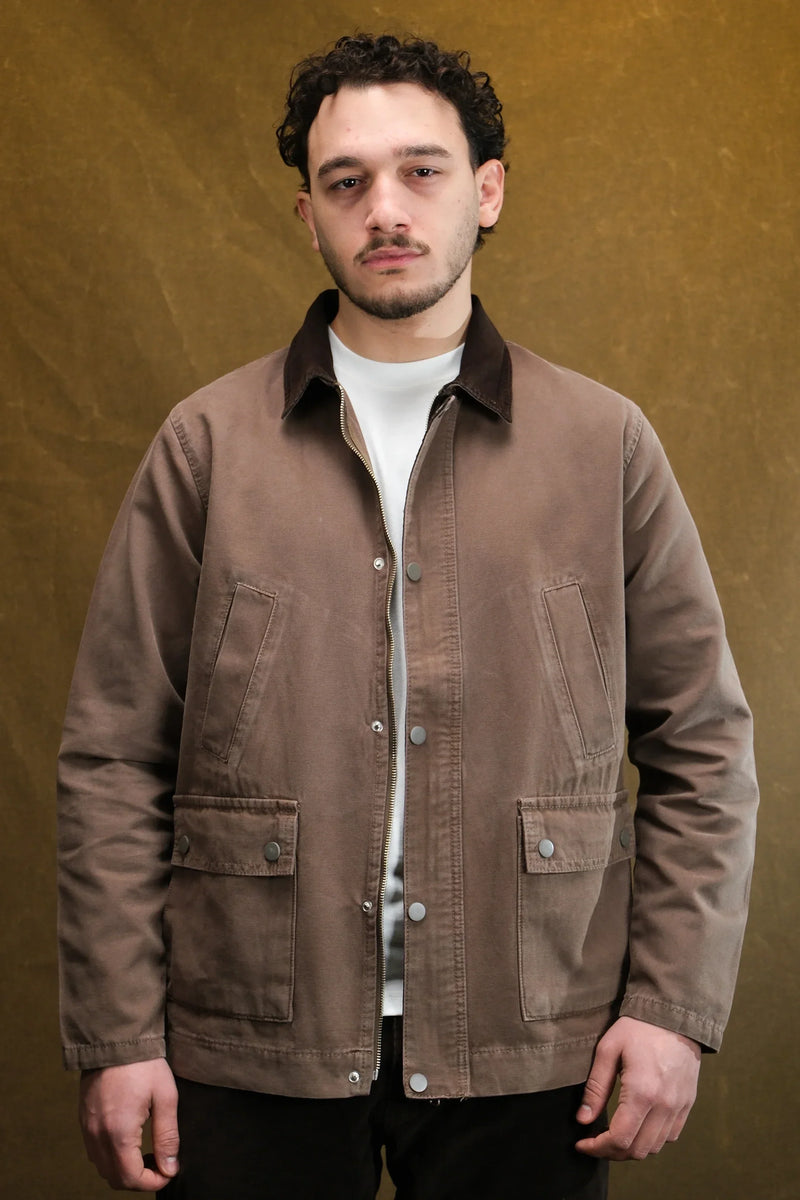 Cotton denim jacket with corduroy collar in sand