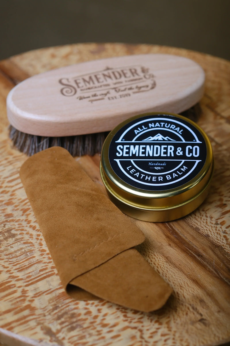 Semender leather balm tin, horsehair brush and suede cloth