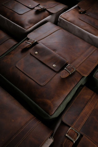 Stacked handmade full grain leather bags