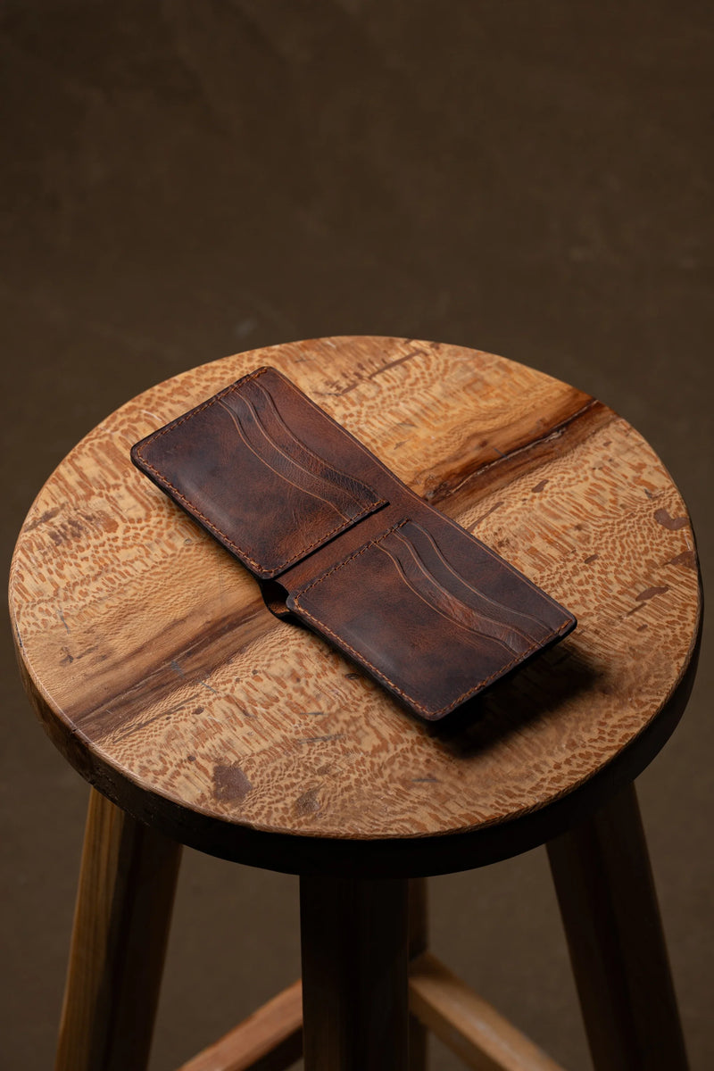 Open full grain leather bifold wallet