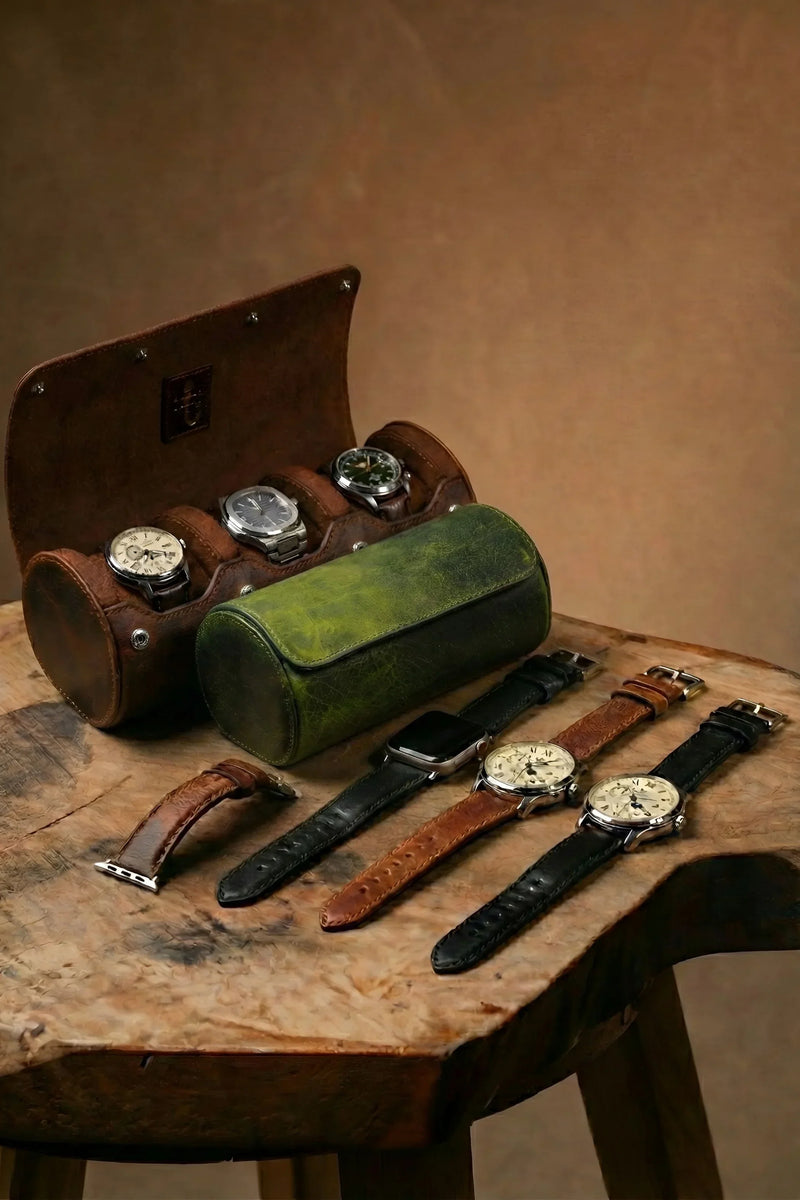 Leather watch roll cases and leather watch straps