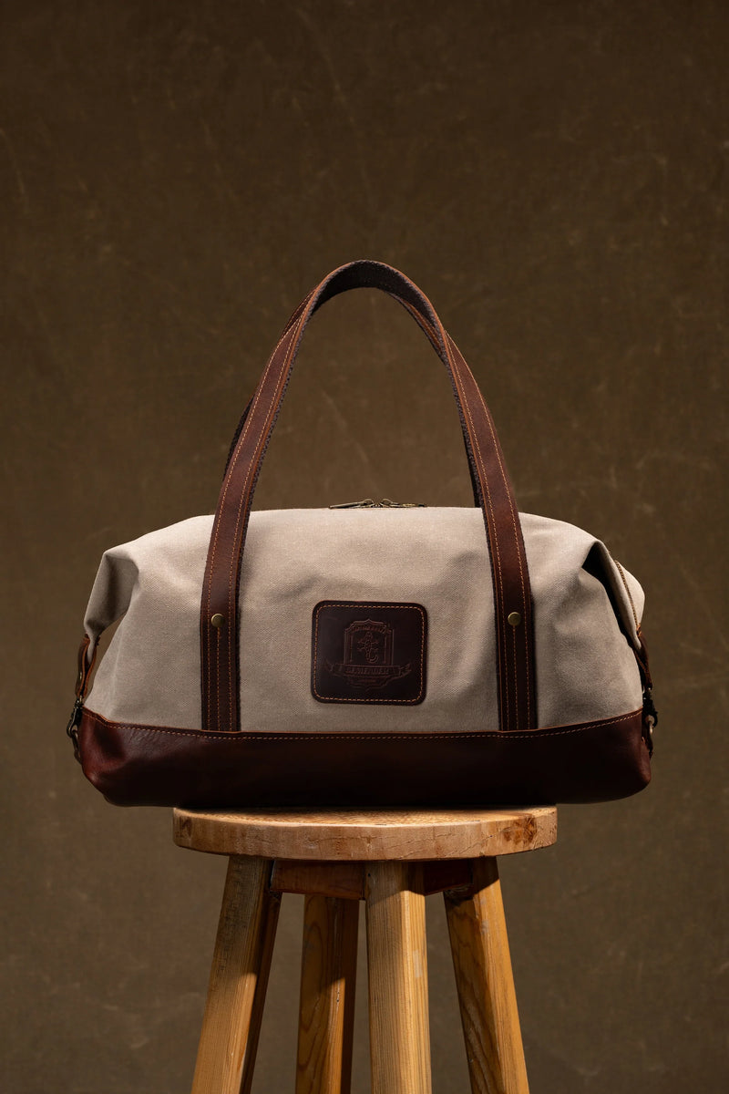Waxed canvas and leather weekender travel bag