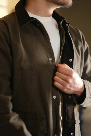 100% Cotton 4-Pocket Long Denim Jacket with Corduroy Collar