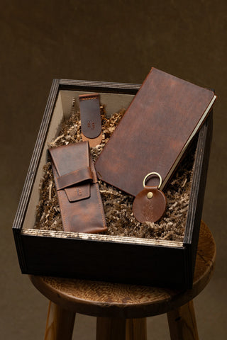 Notebook, Pencase, Bookmark & Keychain Gift Set, packed in the wooden gift box