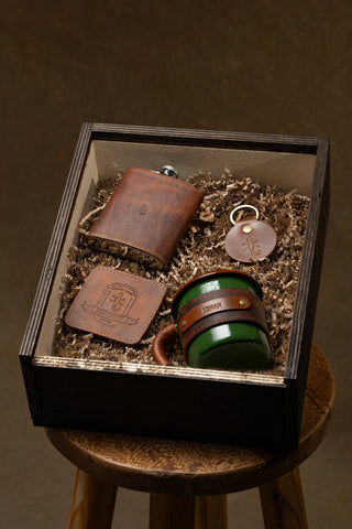 Enamel Mug, Flask, Coaster & Keychain Gift Set, packed in the wooden gift box