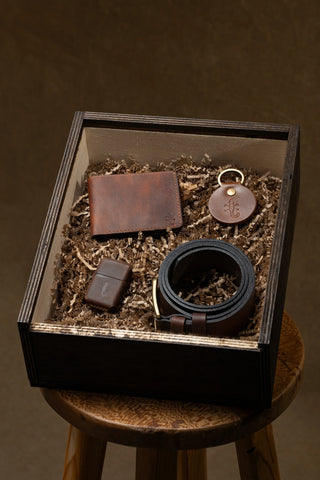 Belt, Wallet, Lighter & Keychain Gift Set, packed in the wooden gift box