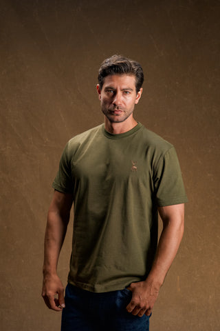 Deer Embroidered Khaki Green T-Shirt