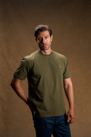 Deer Embroidered Khaki Green T-Shirt