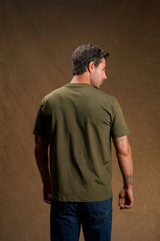 Deer Embroidered Khaki Green T-Shirt