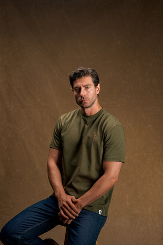 Deer Embroidered Khaki Green T-Shirt