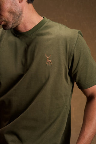 Deer Embroidered Khaki Green T-Shirt