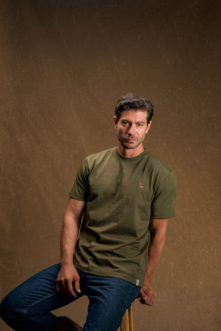 Deer Embroidered Khaki Green T-Shirt