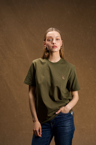 Deer Embroidered Khaki Green T-Shirt