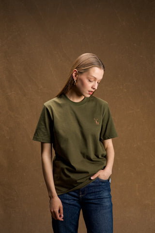Deer Embroidered Khaki Green T-Shirt