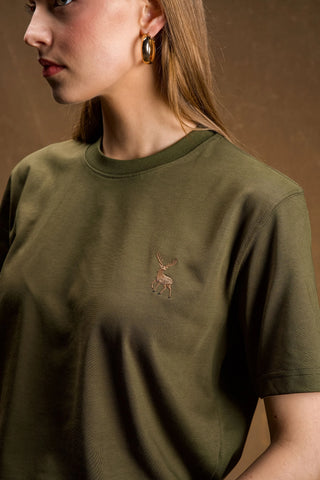 Deer Embroidered Khaki Green T-Shirt
