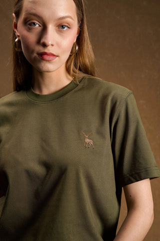 Deer Embroidered Khaki Green T-Shirt