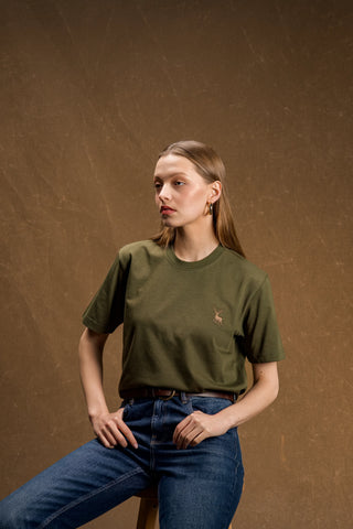 Deer Embroidered Khaki Green T-Shirt
