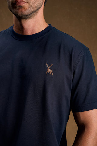 Deer Embroidered Navy T-Shirt