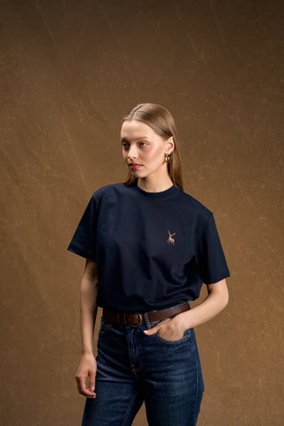 Deer Embroidered Navy T-Shirt