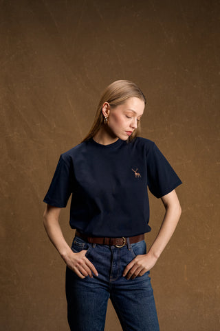Deer Embroidered Navy T-Shirt