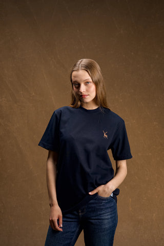 Deer Embroidered Navy T-Shirt