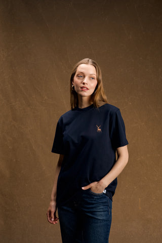 Deer Embroidered Navy T-Shirt