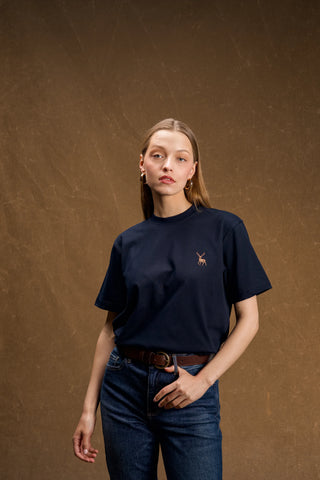 Deer Embroidered Navy T-Shirt