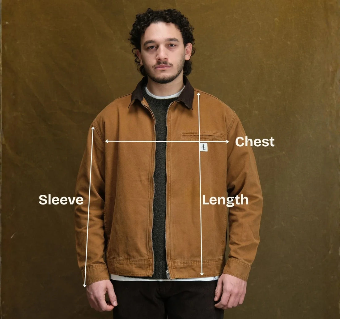 Measuring points: Chest (in), Sleeve (in), Jacket Length (in)