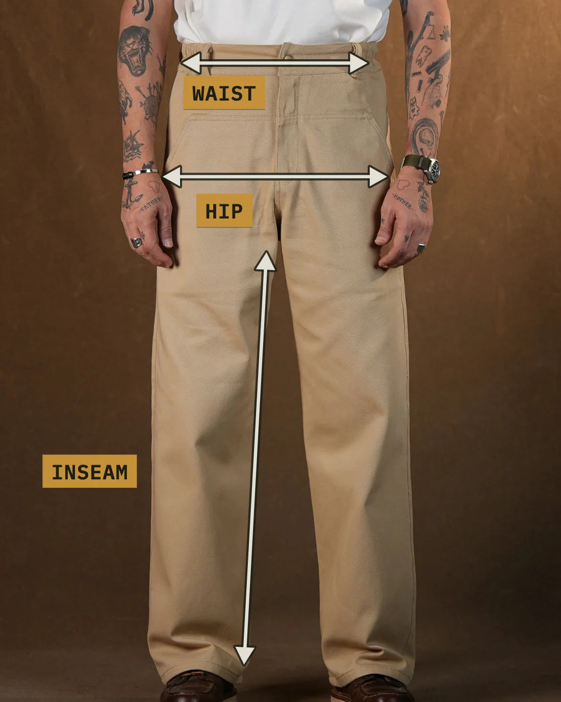 Measuring points: Waist (cm), Hip (cm), Inseam (cm)