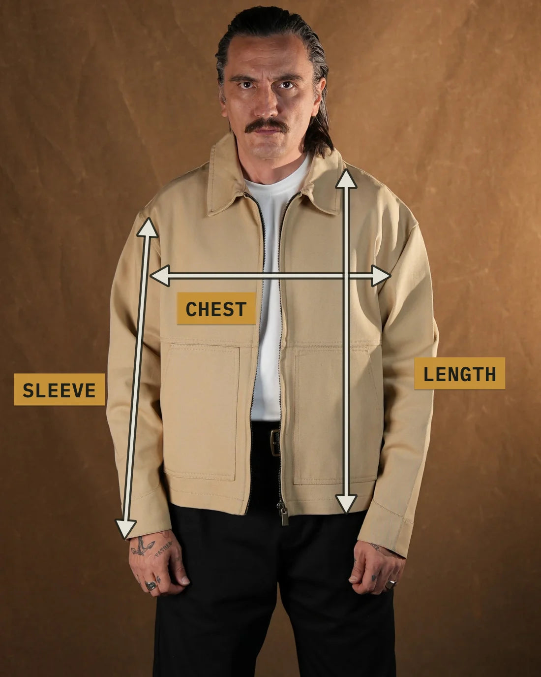 Measuring points: Chest (cm), Sleeve (cm), Length (cm)
