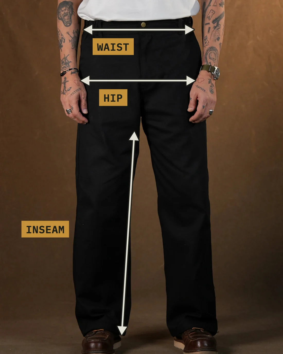 Measuring points: Waist (cm), Hip (cm), Inseam (cm)