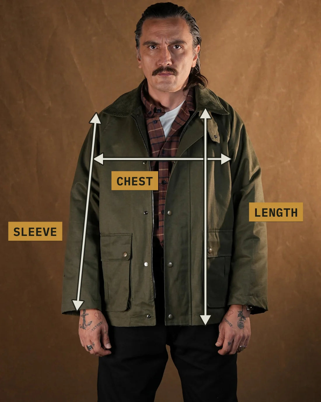 Measuring points: Chest (cm), Sleeve (cm), Length (cm)