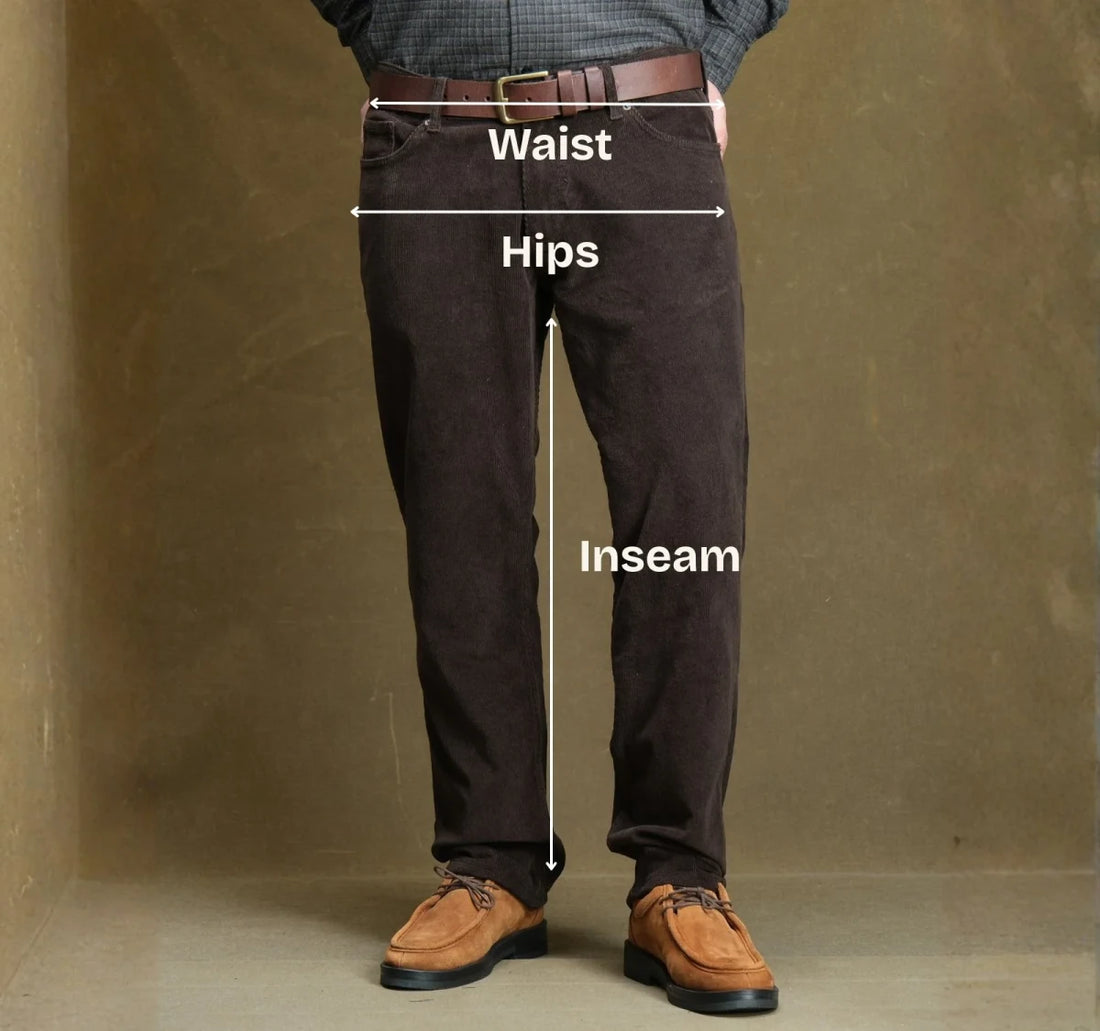 Measuring points: Waist (in), Hips (in), Inseam (in)