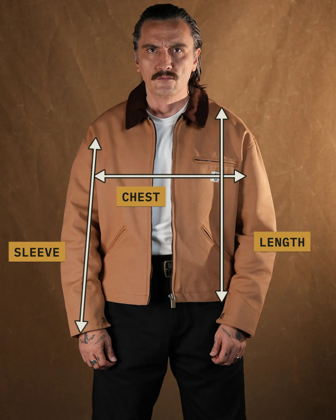 Measuring points: Chest (cm), Sleeve (cm), Length (cm)