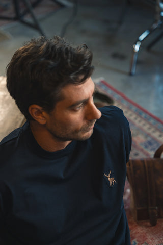Deer Embroidered Navy T-Shirt