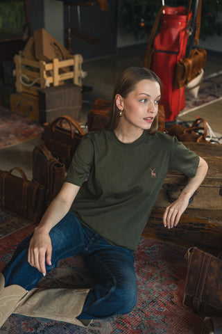 Deer Embroidered Khaki Green T-Shirt