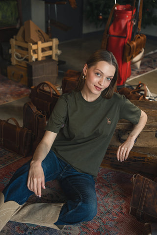 Deer Embroidered Khaki Green T-Shirt