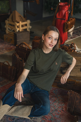 Deer Embroidered Khaki Green T-Shirt