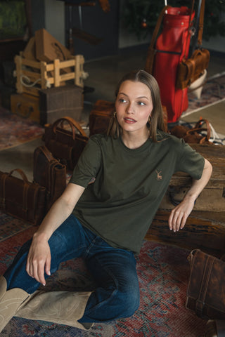 Deer Embroidered Khaki Green T-Shirt