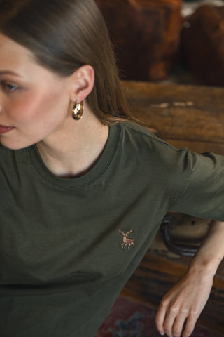 Deer Embroidered Khaki Green T-Shirt