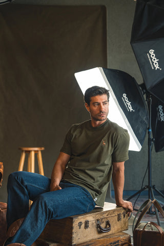 Deer Embroidered Khaki Green T-Shirt
