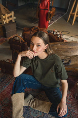 Deer Embroidered Khaki Green T-Shirt