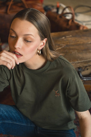 Deer Embroidered Khaki Green T-Shirt