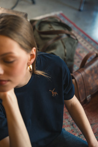 Deer Embroidered Navy T-Shirt
