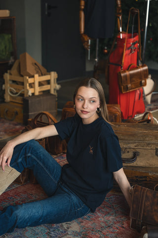 Deer Embroidered Navy T-Shirt