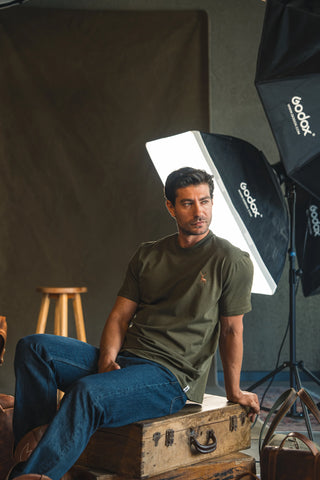 Deer Embroidered Khaki Green T-Shirt