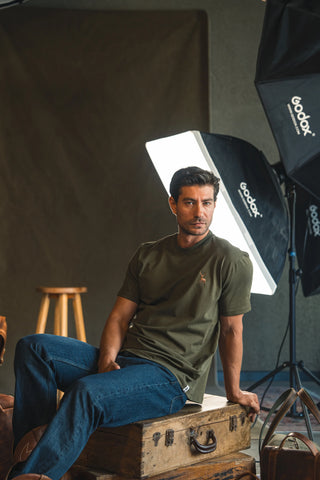 Deer Embroidered Khaki Green T-Shirt