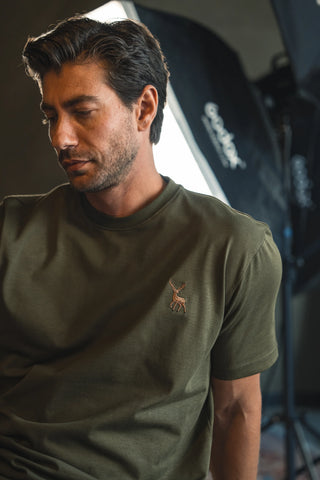 Deer Embroidered Khaki Green T-Shirt